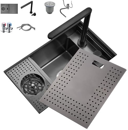 Genérico Fregadero cocinaFregadero de Barra con Enjuague de Vidrio, Fregadero de Cocina de preparación bajo encimera de Acero Inoxidable, tazón Individual de 24 Pulgadas, con Grifo Plegable, fregader