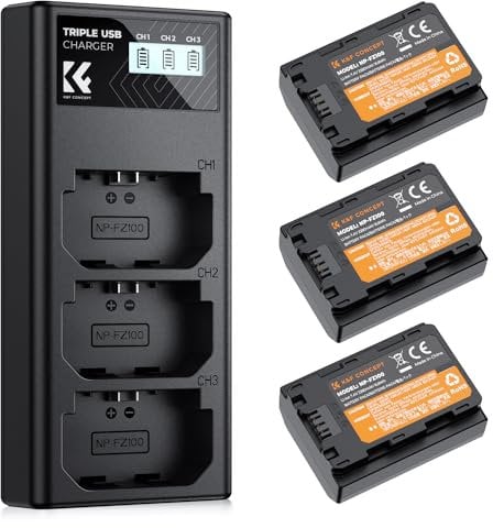 K&F Concept NP-FZ100 Kamera Akkus(3er Pack) mit 3-Slot Ladegerät,2280mAh Batterien für Sony Alpha A7III,A7IV,A7R III/A7R3,A7RIV,A7RV,A7C,A7S III/A7S3,A9,A9II,A6600,A9R,A9R,9S,FX3,FX30