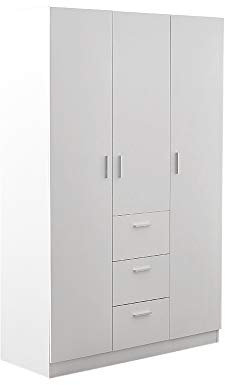 Panana Large 3 Door Wardrobe with 3 Drawers 4 Shelves Storage Cupboard Closet, Hanging Rail for Bedroom Furniture (White)