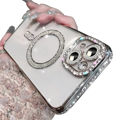 Rokmym Hülle kompatibel mit iPhone 13 Transparent mit Mag-Safe Handyhülle Bling Diamant Glitzer Kamera Schutz Soft TPU Bumper Stoßfest Cover Case Schutzhülle für iPhone 13,Silber