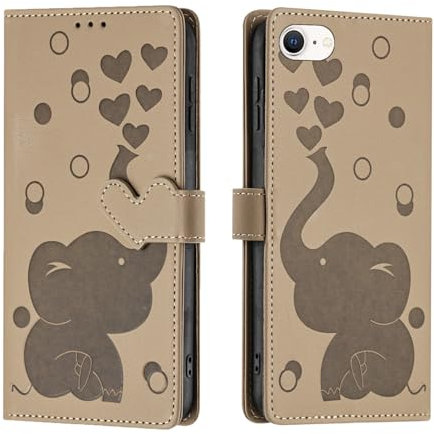 Wuhaizher for iPhone SE 2022 & 2020 Case iPhone 8 / iPhone 7 Case Elephant Love Heart Shockproof Leather Flip Wallet Phone Case for Kids Girls with Card Holder Stand Magnetic Protect Cover, Khaki