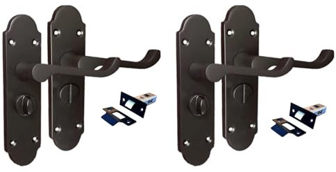 Epsom Scroll Matt Black Plated Privacy Bathroom Handles - Matt Black Door Handles Set (Privacy Lock) 2 Sets with Tubular Latch.Victortian Door Handles. Internal Door Handle Sets