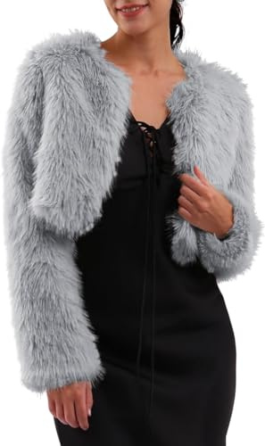 Amazhiyu Abrigo de piel para mujer, chaqueta corta de piel sintética, abrigo de piel sintética, abrigo de forro polar, de manga larga, abrigo de invierno, chaquetas con cuello abierto