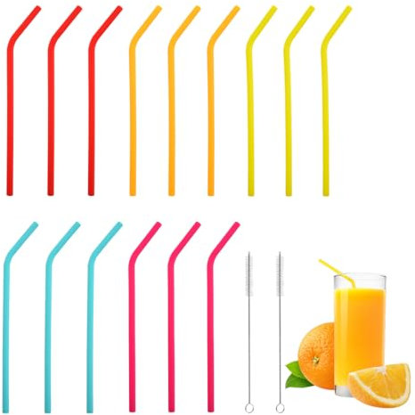 MIRKUZI Pailles réutilisables Paquet de 15 pailles en Silicone pailles colorées réutilisables pour enfants pailles en Silicone incurvées pour fête adulte avec 2 brosses