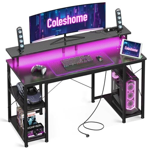 Coleshome Scrivania Gaming con LED, Scrivania Computer con 2 Prese e 2 Porte USB, PC Scrivania con Supporto Monitor e Ripiani di Archiviazione, Scrivania per Ufficio Casa, Nero, 120x50cm