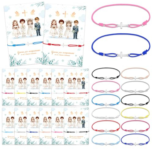 DPKOW Detalles Comunión para Invitados Regalos Comunion Niños Niñas, 12 x Tarjetas Pulseras para Invitados Comunion Recuerdos, Gracias Tarjetas Comunión Pulseritas de Cruz