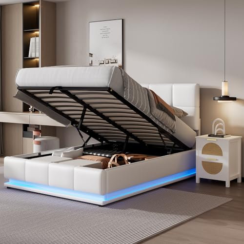 Jovify Upholstered Bed Frame with Hydraulic Lift and Height-adjustable Headboard, 4ft6 Double Bed Frame with 7 Colors LED Lighting, PU Faux Leather Functional Ottoman Storage Bed, No Mattress, White
