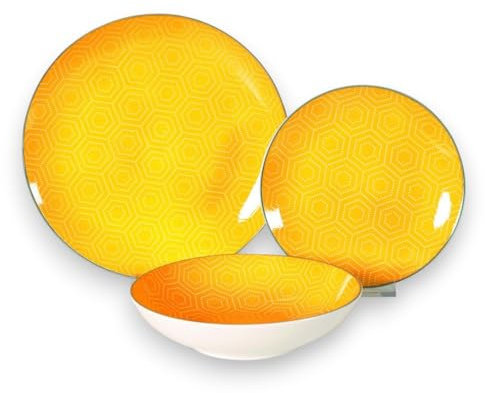 Briconess.com Service de table 18 assiettes 6 places en porcelaine avec décoration jaune Sun