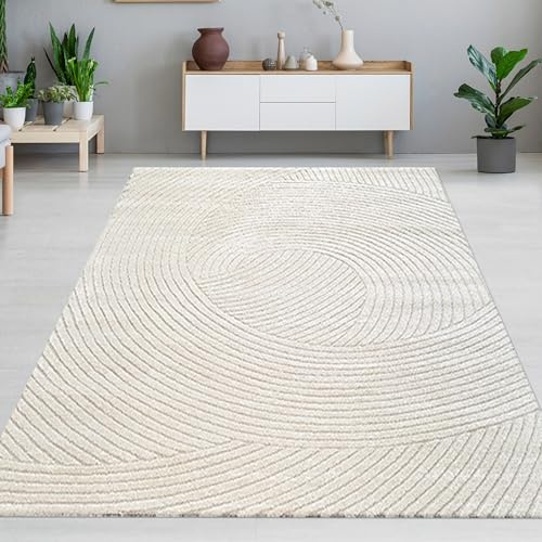 CARPETIA Moderner Hoch-Tief-Teppich Wellenmuster Creme 160x230 cm | Weich, pflegeleicht, schmutzabweisend und strapazierfähig, OEKO-TEX geprüft, saugrobotergeeignet & für Fußbodenheizung