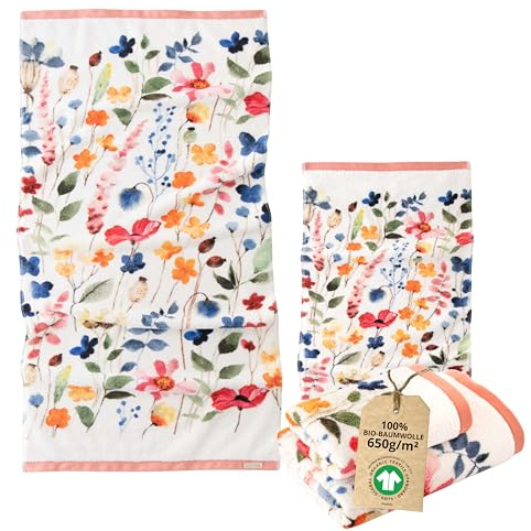 ZWOLTEX - Handtücher Premium Art Design - Meadow, Bedrucktes Handtuch Set: 50x100 und 70x140 cm, Badehandtuch aus 100% Organic Baumwolle 650g mit GOTS-Zertifikat, Weich und Saugfähig Towel