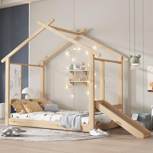 Letto Casetta per Bambini Ragazzi 90x200 cm, con Scivolo e Lavagna Bianca Scrivibile, Letto a Forma di Casa, Montessori letto a Terra Bambini, Struttura letto in Legno Massiccio(Senza Materasso)