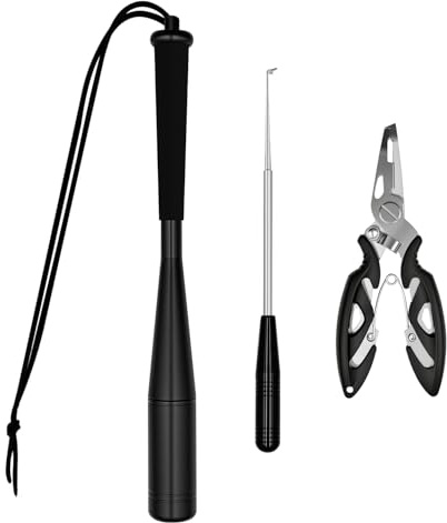 Fischtöter, Fisch Totschläger Angelzange Set, Fischbetäuber mit Rutschsicherer Griff Angelzubehör, Hakenlöser Angeln für Anfänger Angler im Freien Hecht Splitringzange Edelstahl (Schwarz)