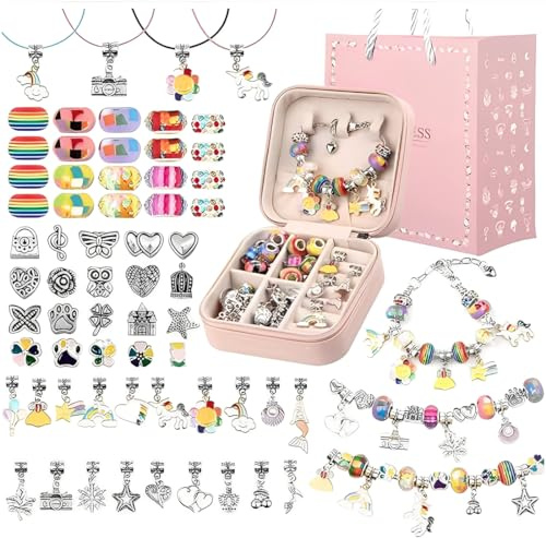 YOFDAL Schmuck Selber Machen Set Kinder,Schmuck Basteln Mädchen,Charm Armband Making Kit Geschenke,Mit Geschenkbox,Perlen,Anhängern,Armbänder,Halsketten Und Tasche,Schmucks Bastelset