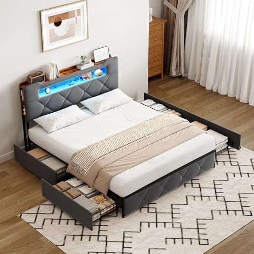 KeepGoon Doppelbett 160 x 200 cm mit LED-Licht und USB-Anschluss, Polsterbett mit 4 Eisen-Schubladen, Stauraum im Kopfteil, Lattenrost, Flanellstoff, Grau