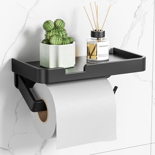 Flaveano Porte Papier Toilette Mural avec Tablette, Support Papier Toilette à Fixation Adhésive Ou à Visser - Noir Mat
