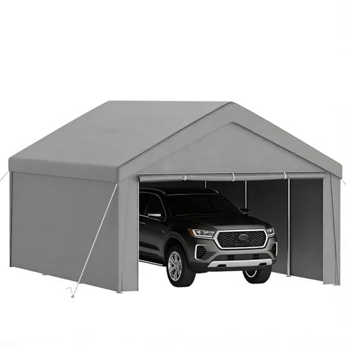 Ferzone Tente de Garage 4x6m, Carport Abri Voiture avec Bâche PE & Porte Enroulable, Tente de Stockage Pliant Exterieur avec Parois Latérales Amovibles pour Moto Outils SUV Camion Bateau, Gris