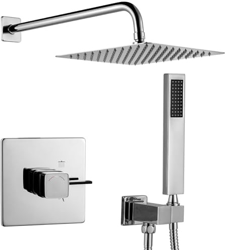 ARCORA Sistema de Ducha Empotrado con Termostato, Juego Completo con Válvula de Temperatura constante de 40 °C, Ducha de Lluvia Giratoria 360°, Ducha de Mano y Manguera, Acero Inoxidable y Latón