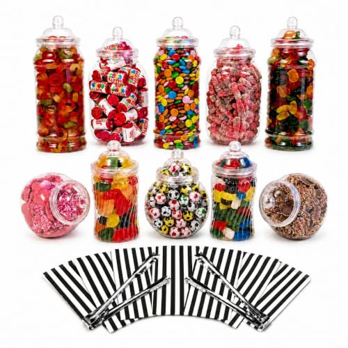 Truly Sweet Candy 10 Assorted Plastic Sweet Jars, 2 tongs, 50 Bags for Parties, Weddings, Candy Buffet (Black)