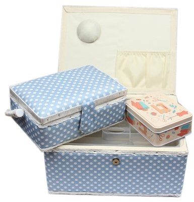 Ackermann Nähkorb-Set mit Tragegriff (1x groß und 1x mittel) + 1x kleine Accessoires-Box aus Metall (mit Zubehör), Marke Nähkorb, Nähkasten, Korb (blau weis gepunktet)