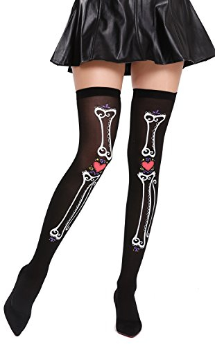 DRESS ME UP - BB-027-black Calze Calze Donna Overknees Nero Ossa Cuore Giorno dei Morti Halloween Messico
