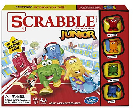 Hasbro Gaming Scrabble Jr. Board Game, Ages 5 and Up, 2-4 Players, Includes 1 Double-sided Gameboard, 4 Tokens, 105 Letter Tiles, and Game Guide
