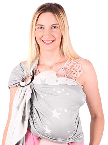 SCHMUSEWOLKE Ring Sling Baby-Tragetuch Hybrid Jacquard Mirastar Grey BIO-Baumwolle 70 x 215 cm Babysize-Toddlersize Neugeborene und Kleinkinder 0-60 Monate 3-16 kg Hüfttrage