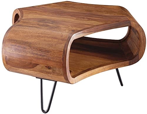 FineBuy Couchtisch FB51410 Sheesham massiv Holz 55 x 55 x 38 cm Ablage & Metallgestell, Retro Wohnzimmertisch Massivholz braun, Sofatisch modern Holztisch, Tisch mit Fach Wohnzimmer