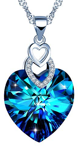 Yumilok Blau Kristall Zirkonia Doppel Herz des Ozeans Anhänger mit Swarovski Steinen Damen 925 Sterling Silber Halskette Geschenkidee