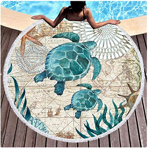 Blau Unterwasser Welt Rundes Strandtuch Badetuch Quaste 60 Zoll Decke Seestern Seetang Hai Schildkröte Tintenfisch Seepferdchen Teppich Tapisserie Wickelrock Saunatuch (Turtle)