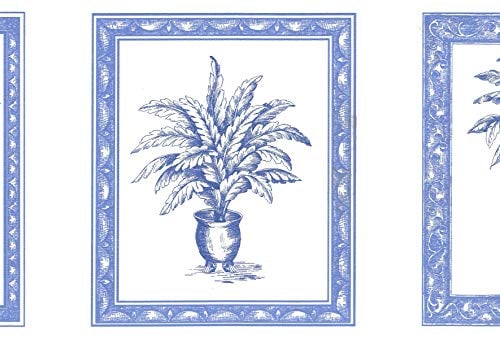 Dundee Deco BD6083 Prepasted Wallpaper Border - Vintage Beige, Blue Stylized Flowers in Pots Wall Border Retro Design, 15 ft x 7 in (4.57m x 17.78cm)
