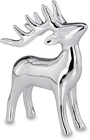 Kleine stehende Porzellan Deko Rentier Figur - silbern glänzende Hirsch Geweih Weihnachts-Deko zum Hinstellen Höhe 14.4 cm