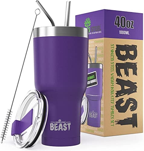 BEAST Mug Isotherme Cafe - 1050ml I Violet profond I Acier Inoxydable I Réutilisable, Tasses Isothermes I 2 Pailles et Brosse Nettoyage I Thermos Cafés de Voyage Double Paroi I Café Chaud ou Glacé