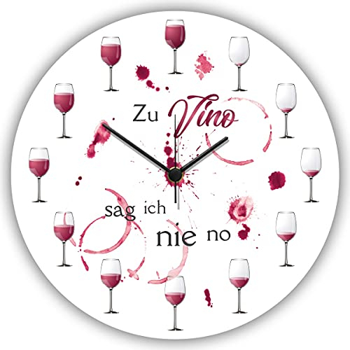 GRAVURZEILE Wanduhr aus Holz Zu Vino sag ich nie no - Wein Geschenk Deko Idee - 100% Lautlos kein Ticken absolut geräuschlos - 30 cm Ø - Design Wanduhren für Wohnzimmer Schlafzimmer & Küche