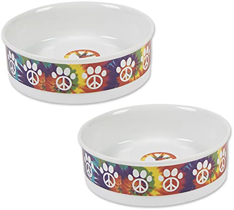 Bone Dry Ceramic Food & Water Bowls for Pets Non-Slip for Secure, Less Messy Feeding, Microwave & Dishwasher Safe, Large Set, 7.5x2.4, Peace Paw, 2 Count