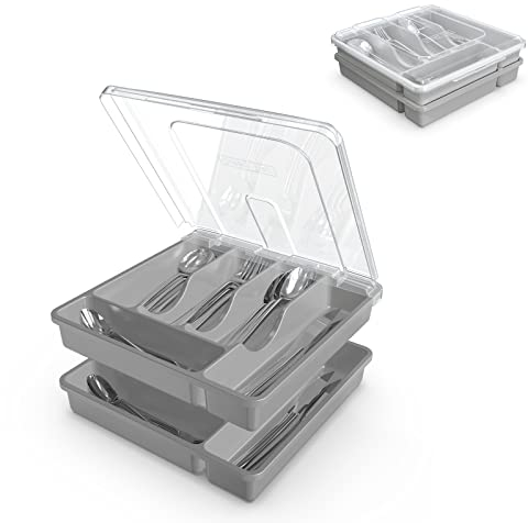 YICOCHI Utensilienhalter für Arbeitsplatte mit Deckel, Besteckablage aus Kunststoff, für Schublade, 10 Fächer, Besteck-Organizer, Grau