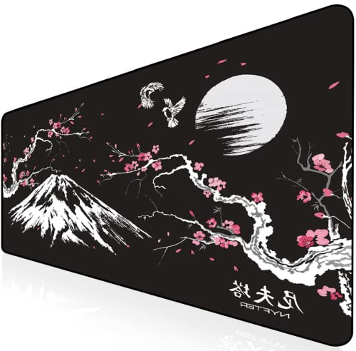 Nyfter - 3XL Gaming Mauspad Sakura Schwarz 1200 x 600mm Premium Fuji Mousepad Size Groß vernähte Kanten langlebig mit high-end Glide und Anti-Rutsch Speed Gaming Mauspad