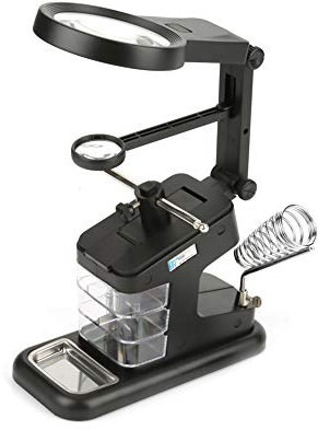 Löthilfe Lupe 3X / 4.5X / 25x, Multifunktionale Freihändige Lupe mit LED Beleuchtung Lötkolbenhalter Lupe mit Krokodilklemmen und Schublade, für Löten Reparatur Schmuck Elektro Hobby(Schwarz)