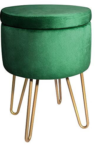 BONTEC Round Velvet Vanity Stool with Storage, Green Dressing Table Chair with Gold Metal Legs, Soft Ottoman Seat, Shoe Bench & Toy Book Organizer, for Bedroom, Living Room, Hallway, 6.38L Capacity