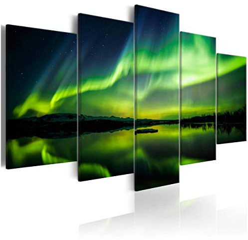 decomonkey Bilder Polarlicht 150x75 cm 5 Teilig Leinwandbilder Bild auf Leinwand Wandbild Kunstdruck Wanddeko Wand Wohnzimmer Wanddekoration Deko Landschaft Nordlicht schwarz grün