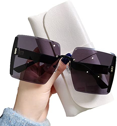 Fransande Beliebte Brillen mit großem Rahmen, quadratische übergroße Sonnenbrillen, Sonnenbrillen mit Farbverlauf, randlose rechteckige Sonnenbrillen für Frauen (Black Grey)