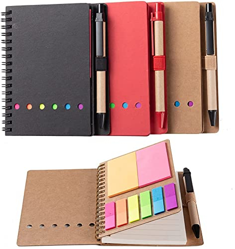 3 Packungen Spiral-Notizbuch Steno Pads liniert Notizblock mit Stift im Halter, Haftnotizen, Seitenmarker, farbige Index-Registerkarten, Flaggen