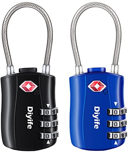 Diyife 2 PCS Serrures à Bagages TSA, Cadenas de sécurité à 3 Chiffres, Cadenas à Combinaison, Code de Verrouillage pour Les valises de Voyage Valise Sac de Bagages - Noir, Bleu