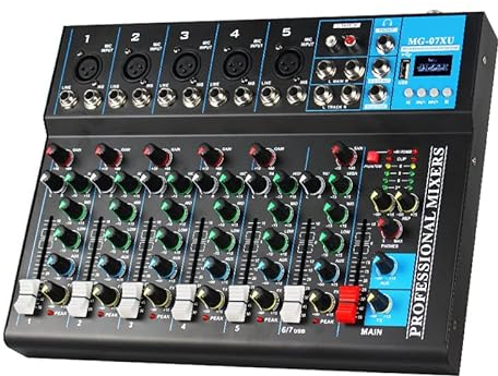 Iriisy Mini Mixer Audio Professionale a Canali USB Wireless Riproduzione 48V Alimentazione Phantom per Registrazione PC (7 Canali)