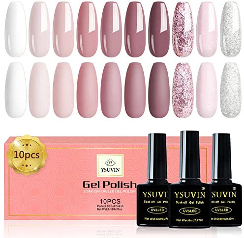 YSUVIN Vernis Semi Permanent, 10 Couleurs Rose Nude Gel UV Semi Permanent, Foncé Blanc Argent Paillettes Rose Pâle Gel Polish Soak off UV Vernis à Ongles pour DIY Nail Art Salon