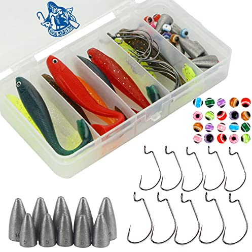 Njord Kalastus Carolina Rig Set & Texas Rig Box 50 TLG. inklusive 10 Gummifische 10 Bullet Blei (5X 5g | 5X 10g) 20 Perlen & 10 Offset Haken (5X 1# | 5X 1/0#) | Zander Köder Barsch Köder