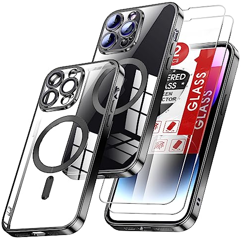 LeYi Handyhülle für iPhone 14 Pro Max Hülle für MagSafe, Mit Integrierter Kameraschutz [Starke Magnete] Durchsichtig Magnetisch Dünn Silikon Kratzfest Stoßfest Magnet Case für 14Pro Max Schwarz