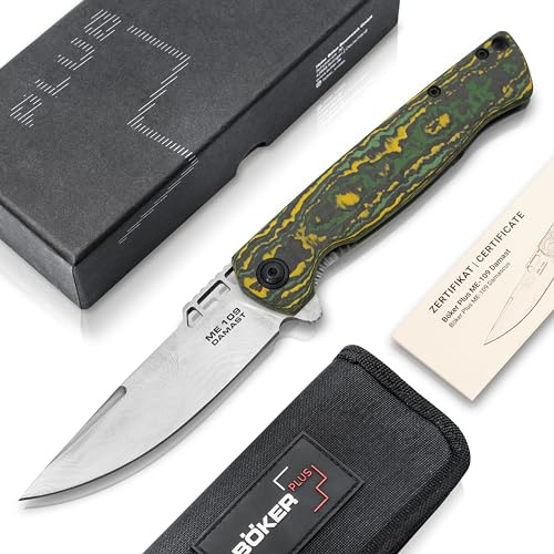 BÖKER PLUS® ME 109 Damast Klappmesser - Piloten Messer mit Damaszener Klinge - Framelock Taschenmesser aus historischem Stahl des Messerschmitt Kampfflugzeugs - Flipper Messer mit Clip in Etui
