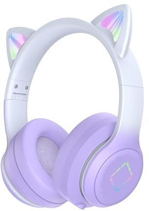 Usoun Kids Headphones,Cat Ear Bluetooth Kids Headphones with Led Light,Girls Headphones Wireless,SD Card,3.5mm Audio,Wireless/Wired Foldable Kids On Ear Headphones for Boys Girls Adults (Purple)