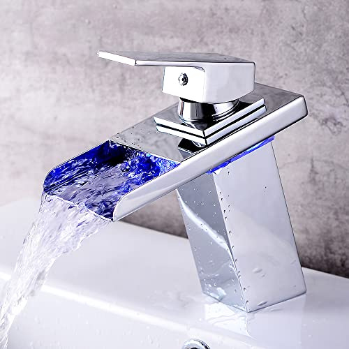 LED Beleuchteter Wasserhahn, Wasserfall Waschtischarmatur mit 3 LED-Farbe, RGB-LED-Hahn Bad Armatur, Bad Kaltes und Heißes Wasser Einhandmischer Wasserhahn, 5x16.5x15cm