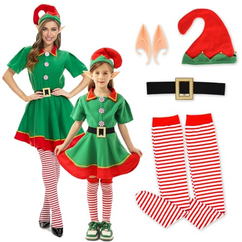 FORMIZON Weihnachtself Kostüm Set, Weihnachtskostüm Kinder Mädchen, Elfen Kostüm mit Hat, Elfenohren, Weihnachts Outfits Elfen Kostüm für Karneval Weihnachten Cosplay Party (150)